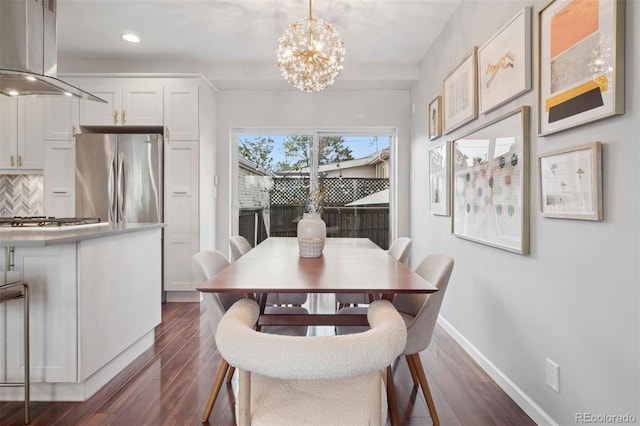 2945 E 26th Avenue Parkway, Denver, CO 80205 - dining area with recessed lighting, dark wood-style flooring, baseboards, and a chandelier
