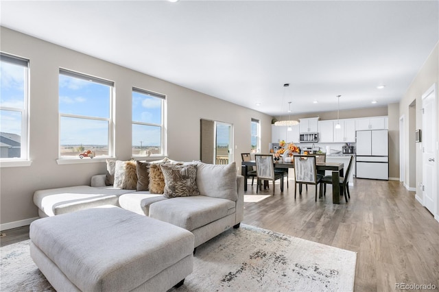 living room featuring a wealth of natural light and light hardwood / wood-style floors