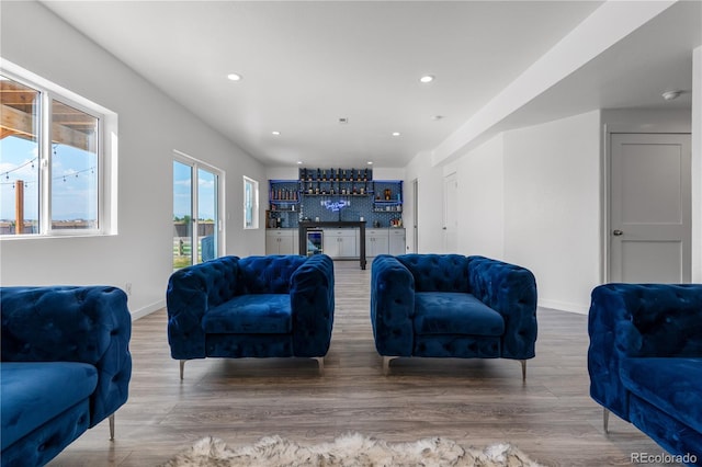 living room with hardwood / wood-style flooring and indoor bar