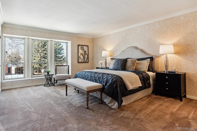 carpeted bedroom featuring crown molding