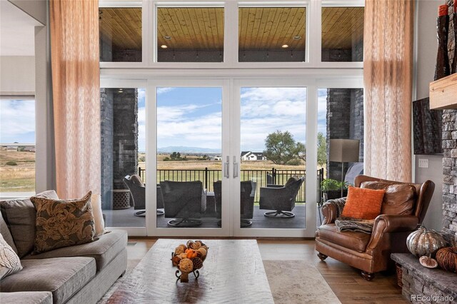 living area featuring wood ceiling, a healthy amount of sunlight, and wood finished floors