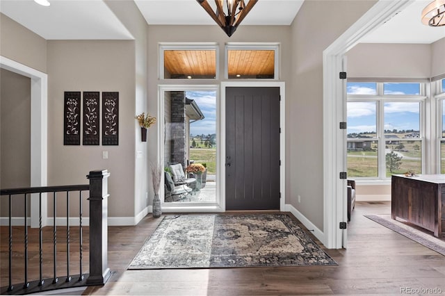 foyer entrance featuring baseboards and wood finished floors