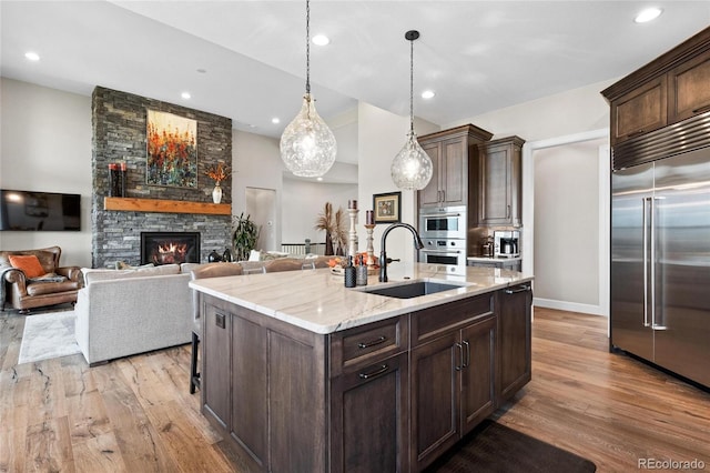 kitchen with dark brown cabinetry, light wood-style floors, appliances with stainless steel finishes, and a sink