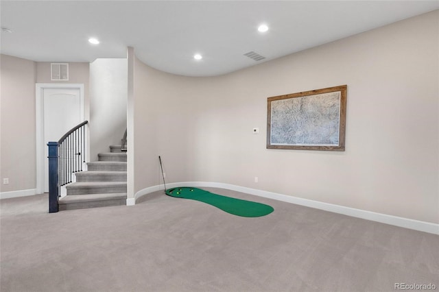 interior space with recessed lighting, visible vents, carpet flooring, and baseboards