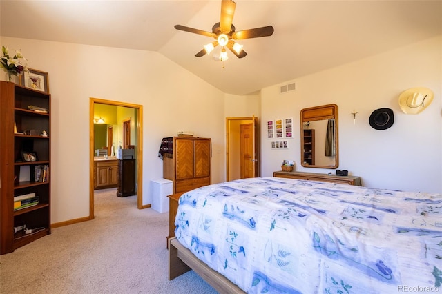 6752 S Columbine Rd, Evergreen, CO 80439 - bedroom with vaulted ceiling, light carpet, and a ceiling fan