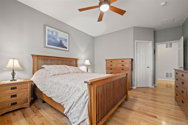 bedroom with visible vents, baseboards, a ceiling fan, and light wood-style floors