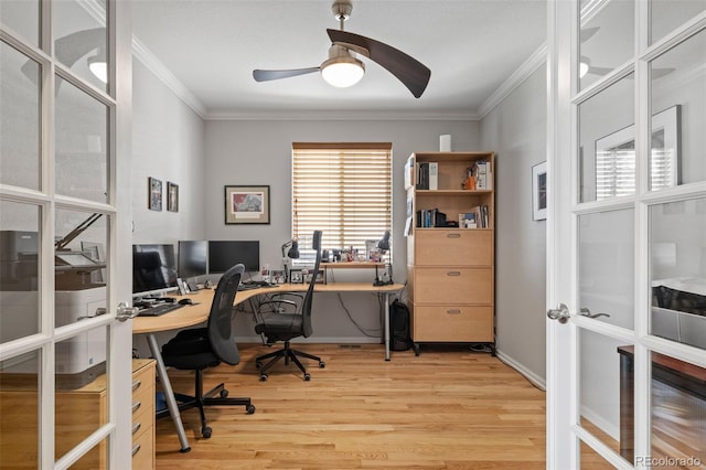 office featuring crown molding, french doors, wood finished floors, and a ceiling fan