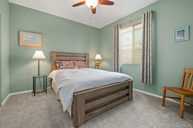 bedroom featuring carpet flooring, baseboards, and ceiling fan