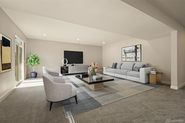 living room with carpet floors, baseboards, and recessed lighting
