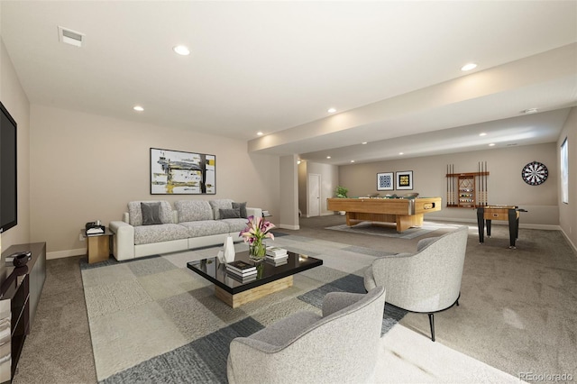 living room with carpet, billiards, visible vents, and recessed lighting