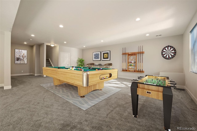 rec room with recessed lighting, baseboards, and carpet floors