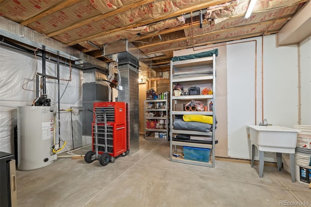unfinished basement featuring water heater