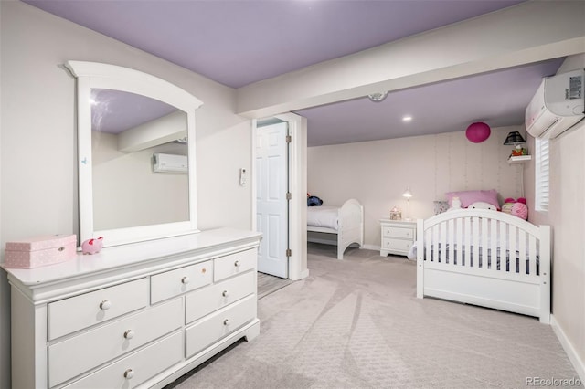 carpeted bedroom with an AC wall unit and a crib