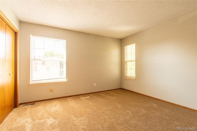 unfurnished room with a textured ceiling, carpet flooring, and a healthy amount of sunlight