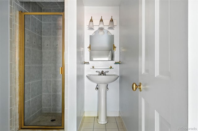3608 S Newport Way, Denver, CO 80237 - bathroom with a shower stall and tile patterned flooring