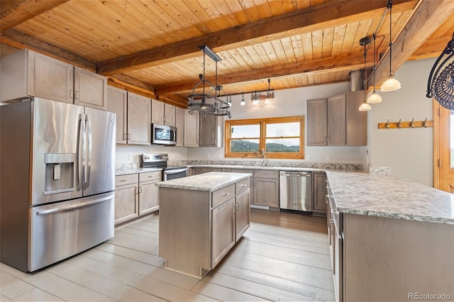 181 Sawmill Rd, Loveland, CO 80537 - kitchen with appliances with stainless steel finishes, wood ceiling with exposed beams, a peninsula, light stone countertops, and a kitchen island