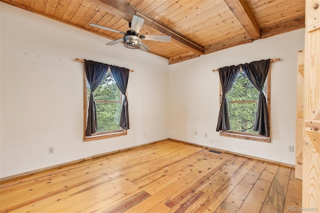 181 Sawmill Rd, Loveland, CO 80537 - empty room featuring wooden ceiling with exposed beams, hardwood / wood-style flooring, and a ceiling fan