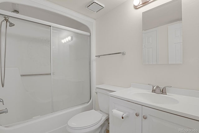 full bath featuring toilet, vanity, and combined bath / shower with glass door