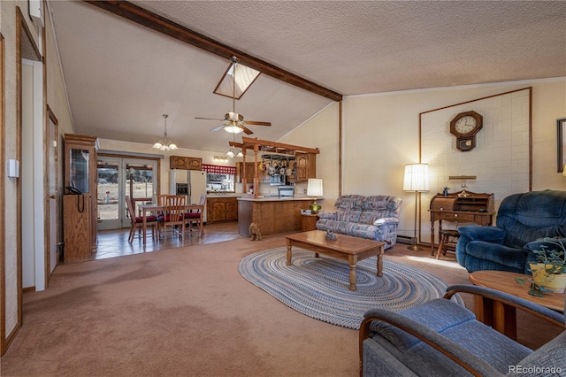 carpeted living room featuring vaulted ceiling with beams, ceiling fan with notable chandelier, and a textured ceiling