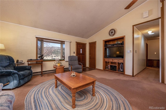 carpeted living room featuring a baseboard heating unit, a textured ceiling, and vaulted ceiling