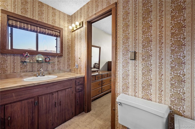 bathroom featuring a textured ceiling, vanity, and toilet