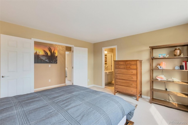 bedroom featuring baseboards and light colored carpet