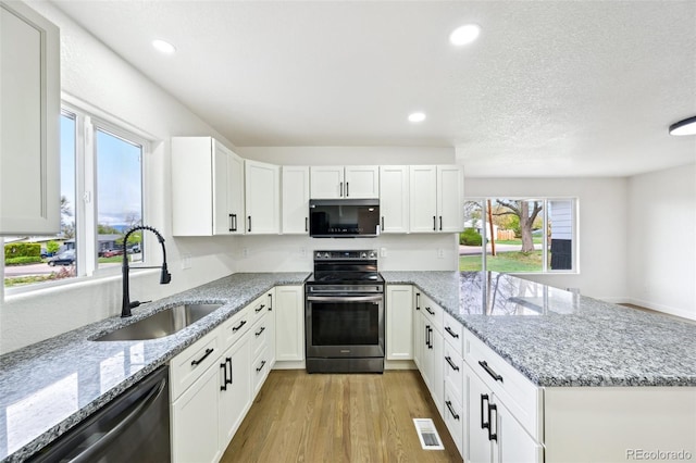kitchen with a sink, visible vents, dishwasher, black microwave, and electric range