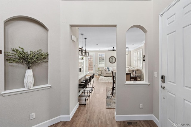 hall featuring hardwood / wood-style flooring and crown molding