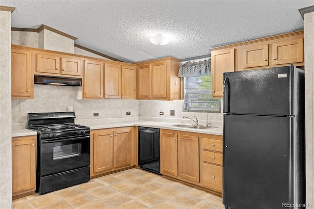 715 E Chester St, Lafayette, CO 80026 - kitchen with black appliances, under cabinet range hood, lofted ceiling, ornamental molding, and a textured ceiling