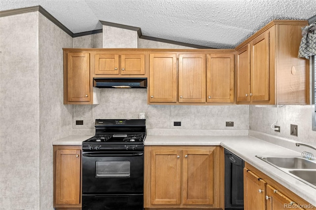 715 E Chester St, Lafayette, CO 80026 - kitchen with black appliances, under cabinet range hood, ornamental molding, vaulted ceiling, and light countertops