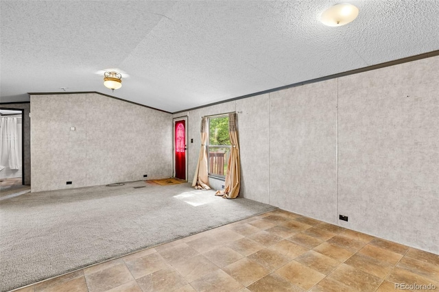 715 E Chester St, Lafayette, CO 80026 - empty room with a textured ceiling, vaulted ceiling, stone finish flooring, and crown molding