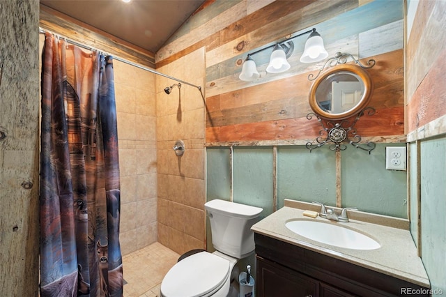 161 Highland Cir, Rye, CO 81069 - bathroom with vaulted ceiling, tiled shower, toilet, and vanity