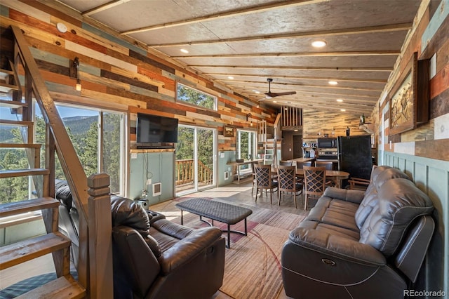 161 Highland Cir, Rye, CO 81069 - living room featuring lofted ceiling, ceiling fan, and recessed lighting