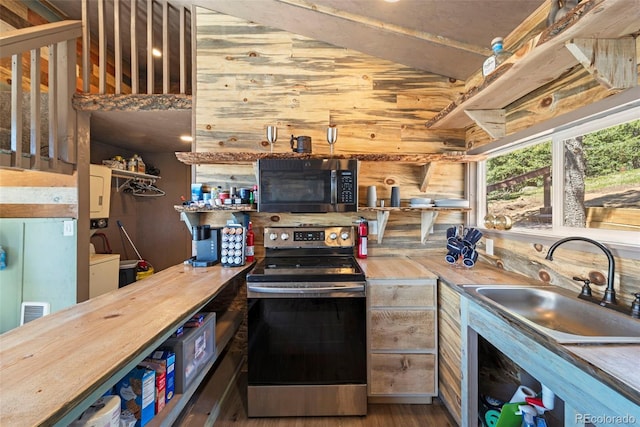 161 Highland Cir, Rye, CO 81069 - kitchen featuring stainless steel range with electric stovetop, wooden counters, a sink, and wood finished floors