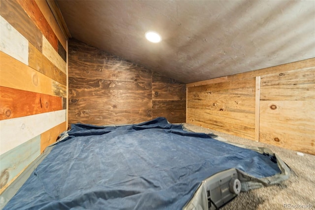 161 Highland Cir, Rye, CO 81069 - unfurnished bedroom with vaulted ceiling, wood walls, and carpet flooring
