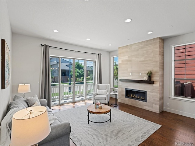 10235 E 59th Ave, Denver, CO 80238 - living room with recessed lighting, a large fireplace, and wood finished floors