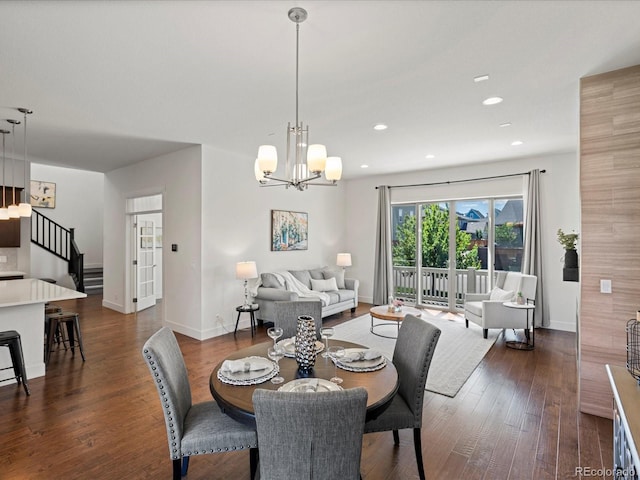 10235 E 59th Ave, Denver, CO 80238 - dining room featuring a chandelier, stairs, dark wood-type flooring, and recessed lighting