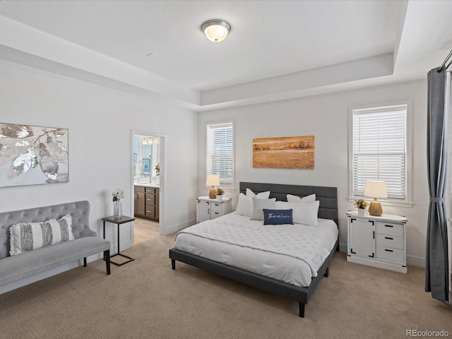 10235 E 59th Ave, Denver, CO 80238 - bedroom featuring light carpet, multiple windows, and a raised ceiling