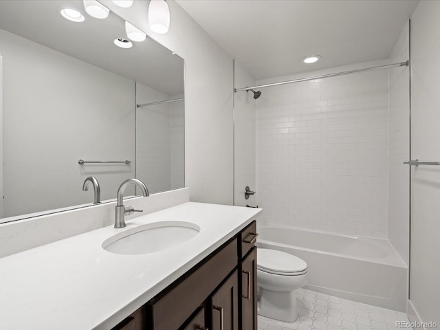 10235 E 59th Ave, Denver, CO 80238 - full bath featuring vanity, shower / bath combination, recessed lighting, and tile patterned floors