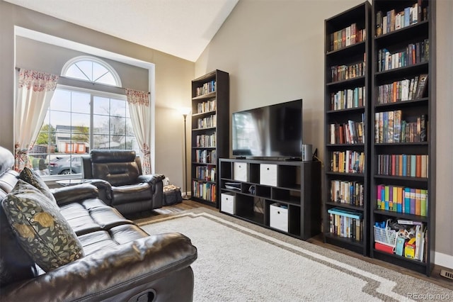 21125 E 43rd Ave, Denver, CO 80249 - living area featuring bookshelves, wood finished floors, and lofted ceiling