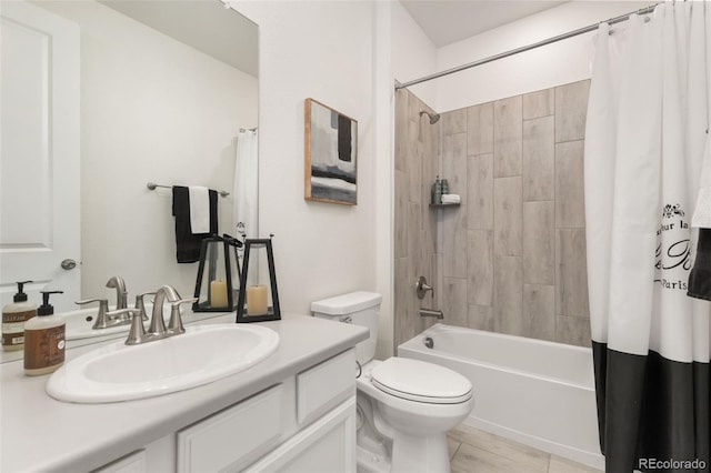 bathroom with toilet, shower / bathtub combination with curtain, and vanity