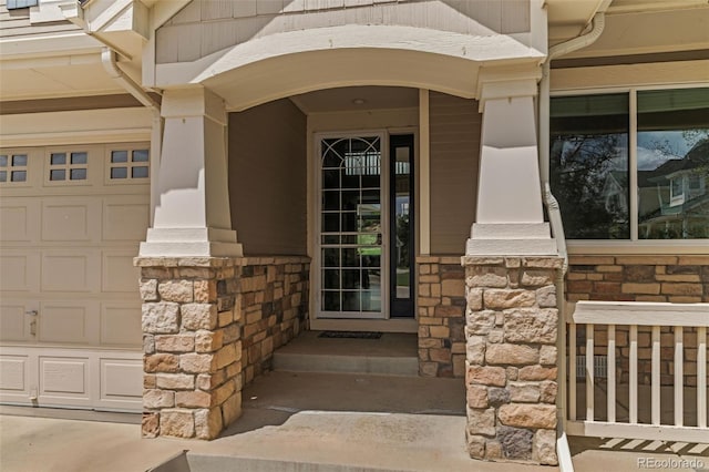 property entrance with stone siding