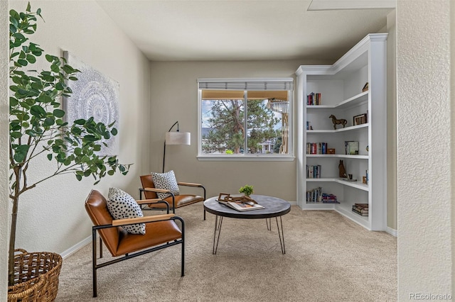 living area featuring carpet flooring, baseboards, and a textured wall
