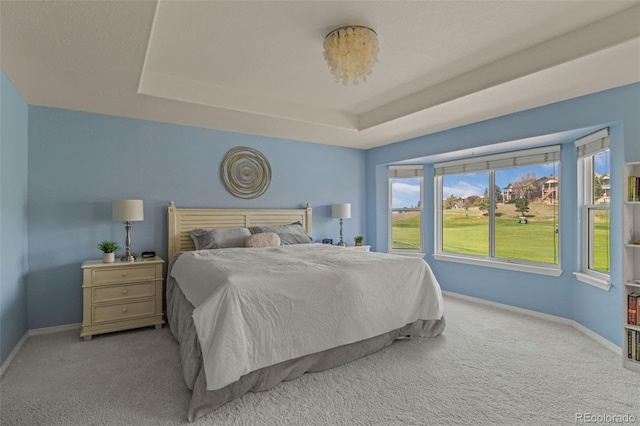 bedroom featuring baseboards, carpet, and a tray ceiling