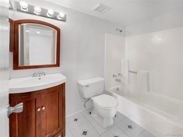 full bathroom with vanity, shower / tub combination, tile patterned floors, and toilet