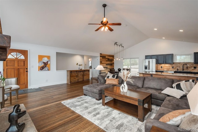 28364 Tresine Dr, Evergreen, CO 80439 - living area featuring ceiling fan, dark wood finished floors, high vaulted ceiling, and recessed lighting