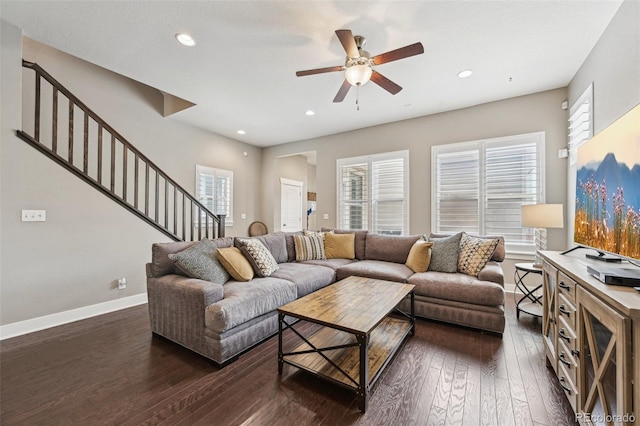11346 E 27th Ave, Denver, CO 80238 - living area featuring dark wood-style floors, stairs, a ceiling fan, baseboards, and recessed lighting