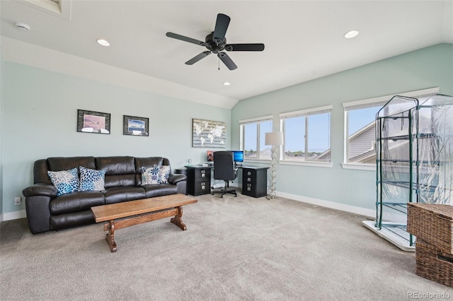 11346 E 27th Ave, Denver, CO 80238 - office space featuring vaulted ceiling, carpet, baseboards, ceiling fan, and recessed lighting