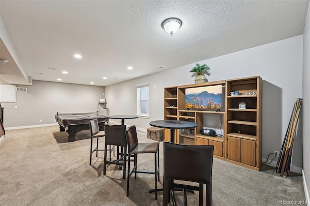 11346 E 27th Ave, Denver, CO 80238 - dining area with light colored carpet, recessed lighting, baseboards, a textured ceiling, and pool table