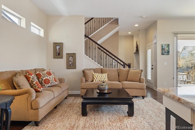 1950 W 67th Ave, Denver, CO 80221 - living area with recessed lighting, baseboards, stairway, and wood finished floors